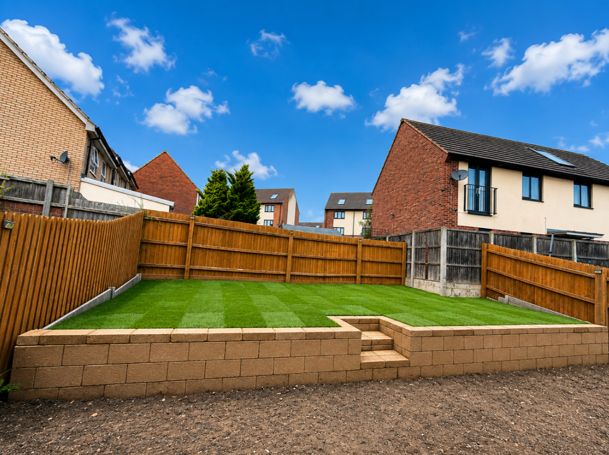 Raised lawn with block retaining walls and new fencing
